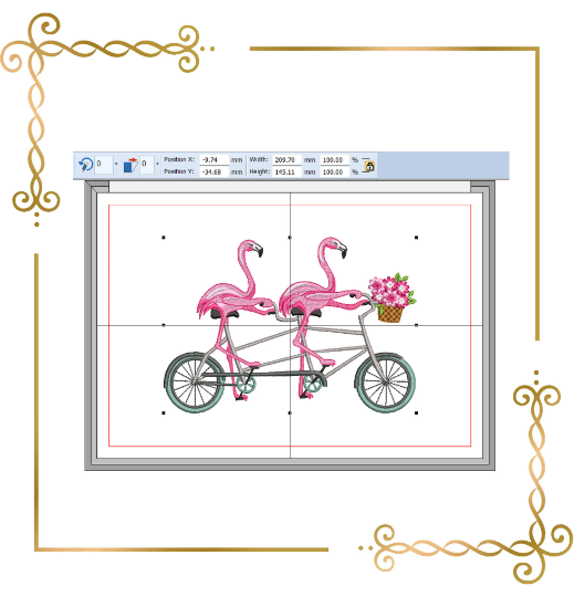 Cartoon-Figuren rosa Flamingos Paar auf einem Fahrrad Stickmuster zum direkten Download