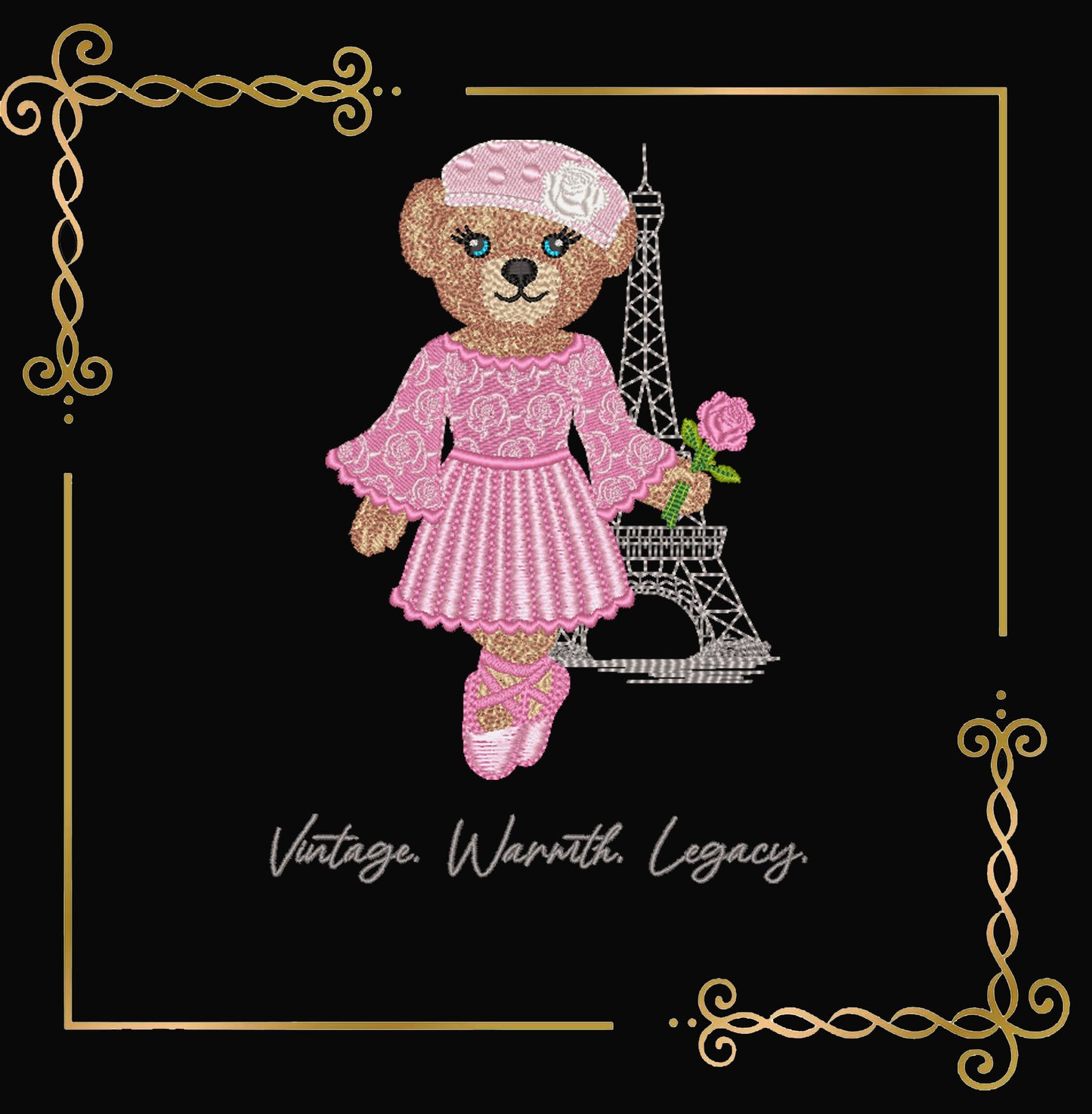Embroidery Design – Paris Ballerina Bear with Rose | BearKarfiol™ Vintage Teddy | Eiffel Tower Machine Embroidery File