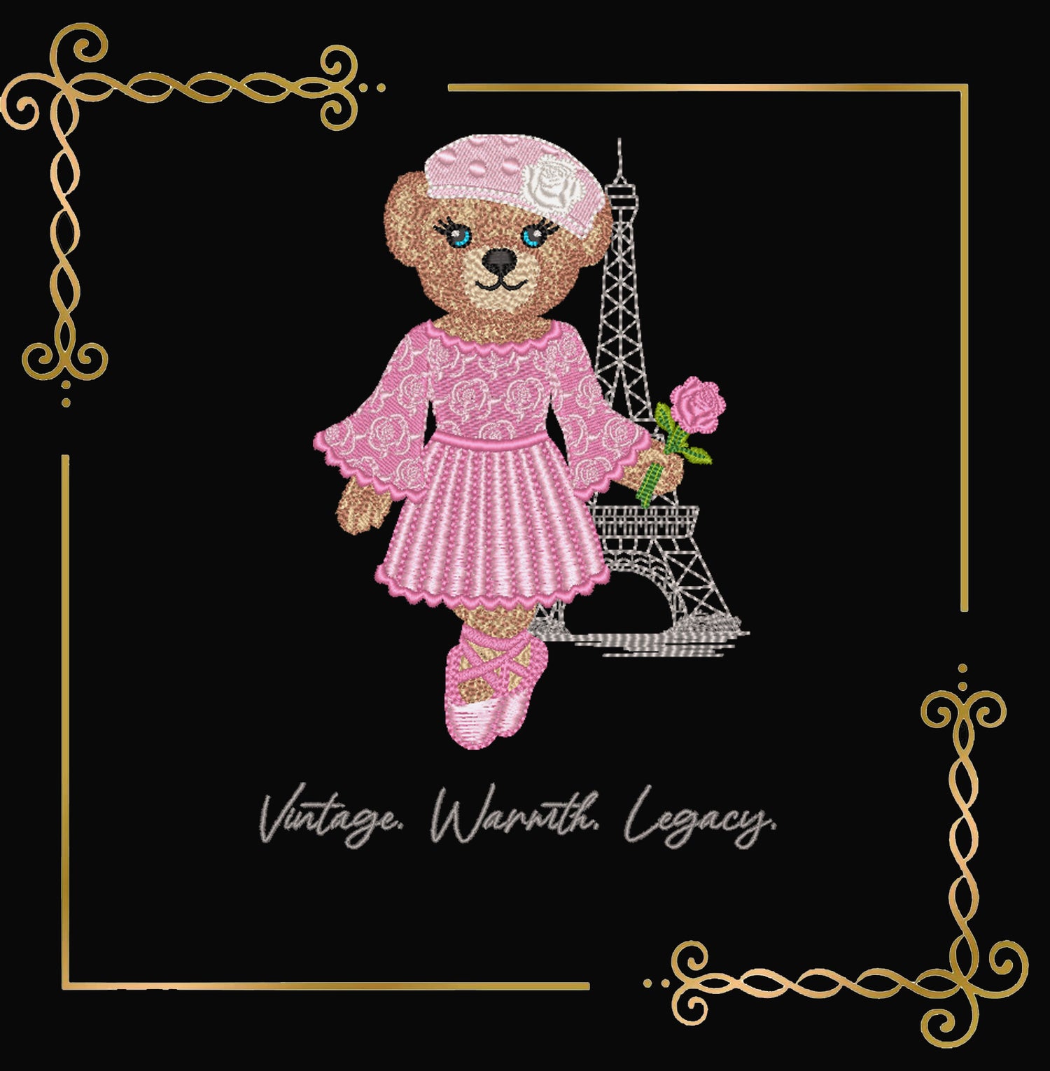 Embroidery Design – Paris Ballerina Bear with Rose | BearKarfiol™ Vintage Teddy | Eiffel Tower Machine Embroidery File