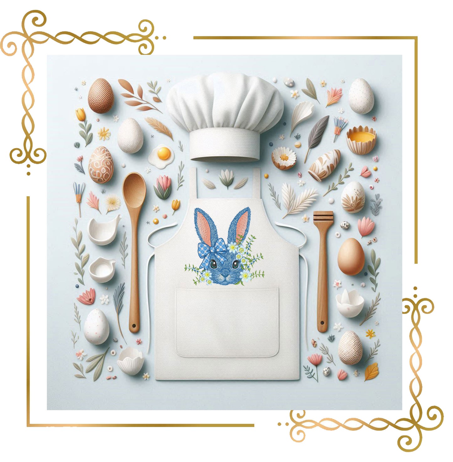 Blue Easter Bunny with Flowers and Bow – Spring Embroidery Design for big Hoops, digital Machine Embroidery designs