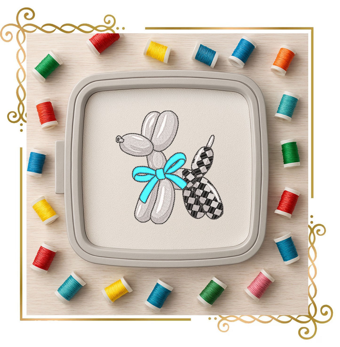 Balloon Dog with Checker Pattern and Bow Machine Embroidery Design