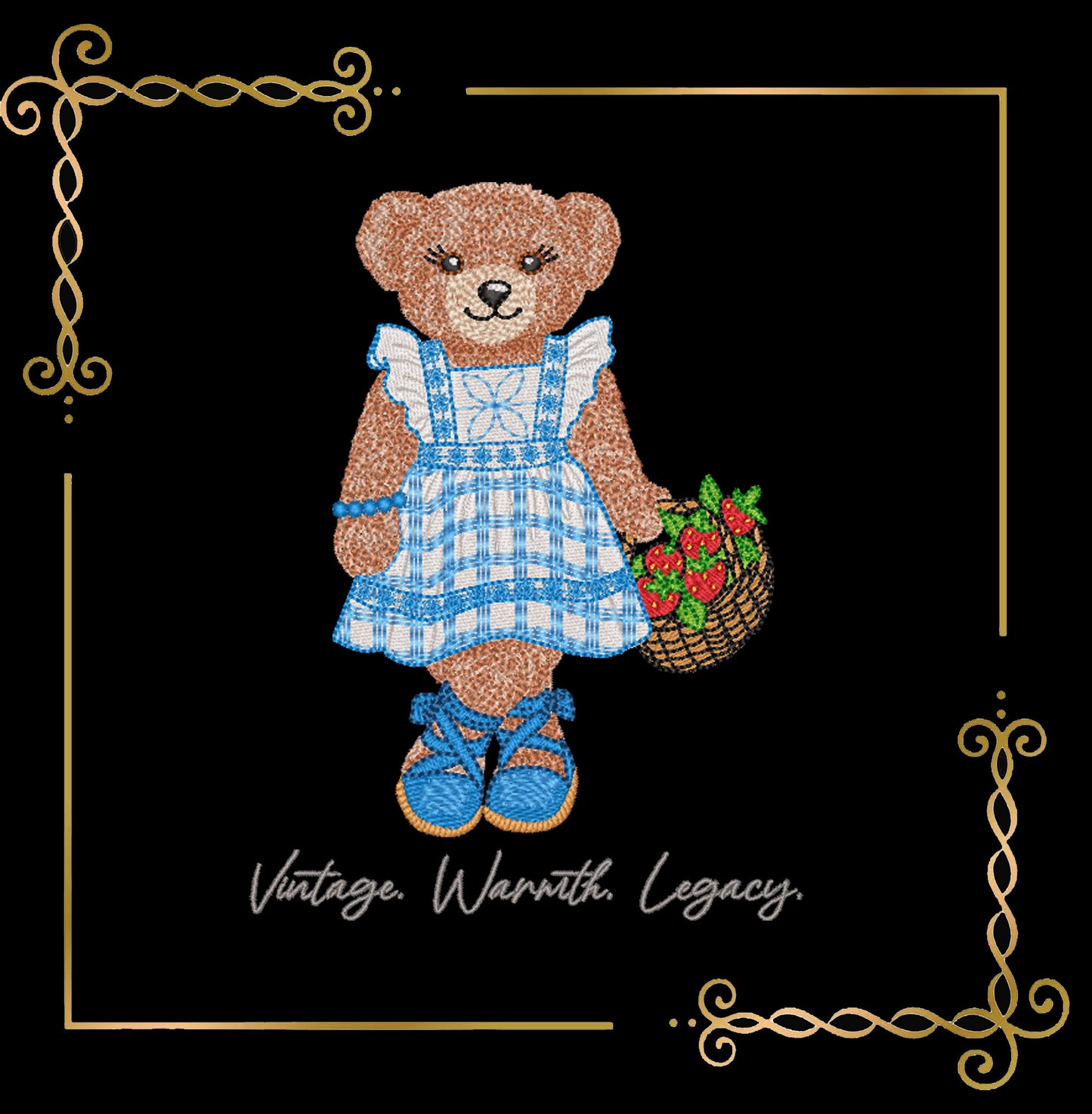 Teddy-Bear – in a fancy dress with Strawberry Basket –style-Fashion-Ralph-Lauren - Digital File for Machine Embroidery