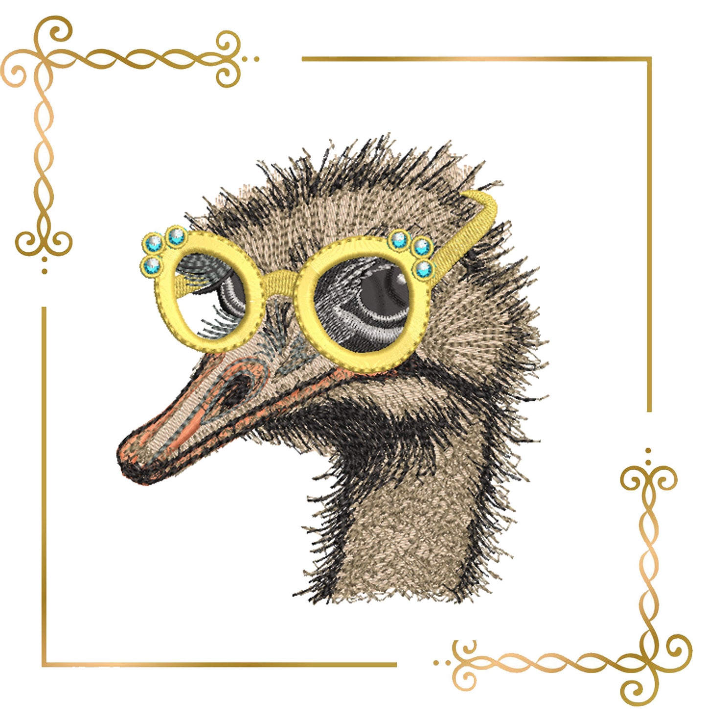 Animals Fashionable ostrich with glasses embroidery design to the direct download