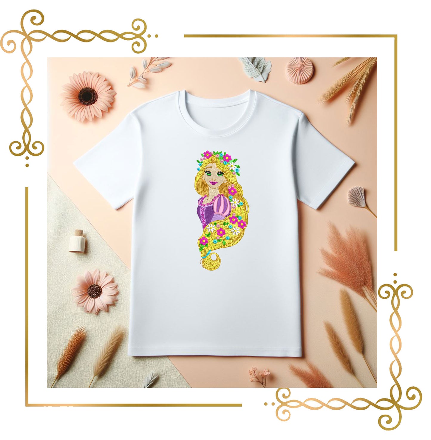 Princess Rapunzel Disney carton character Elegant with Floral - Rapunzel Embroidery Design