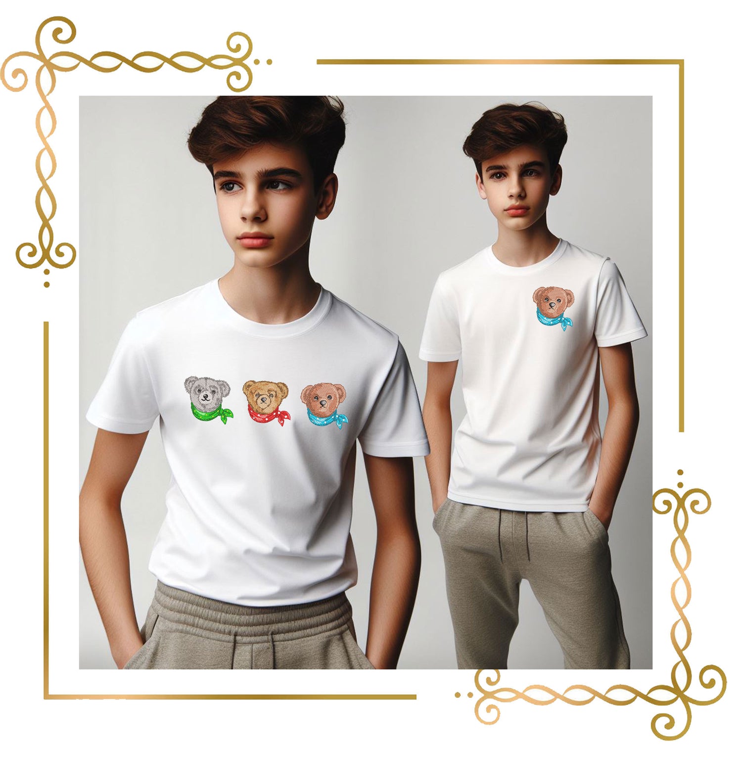 Teddy Bear Classic Style luxury heritage style 3 Elegant Embroidery Designs with Bandanas Vintage to Modern Evolution 3 Bears 2 Sizes