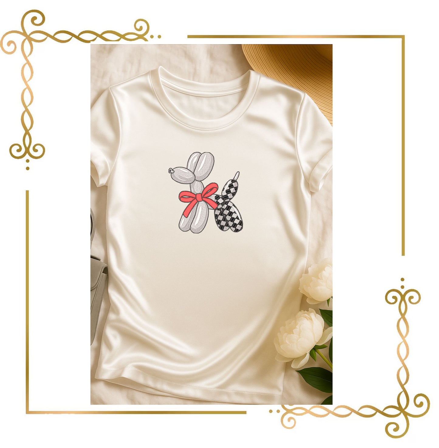 Balloon Dog with Checker Pattern and Bow Machine Embroidery Design
