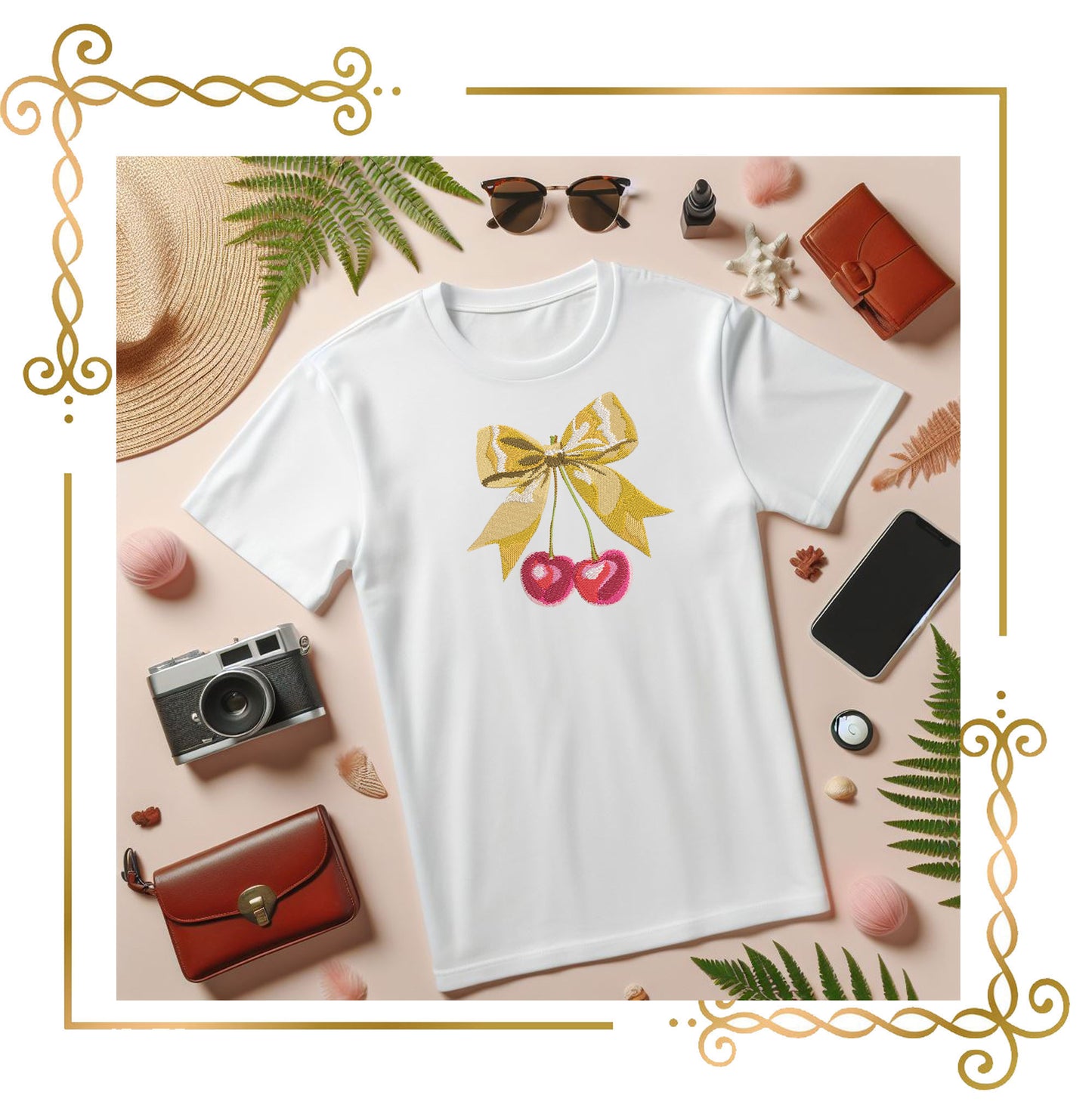 Miscellaneous Charming featuring bow with two glossy cherries 2 Sizes machine embroidery design to the direct download