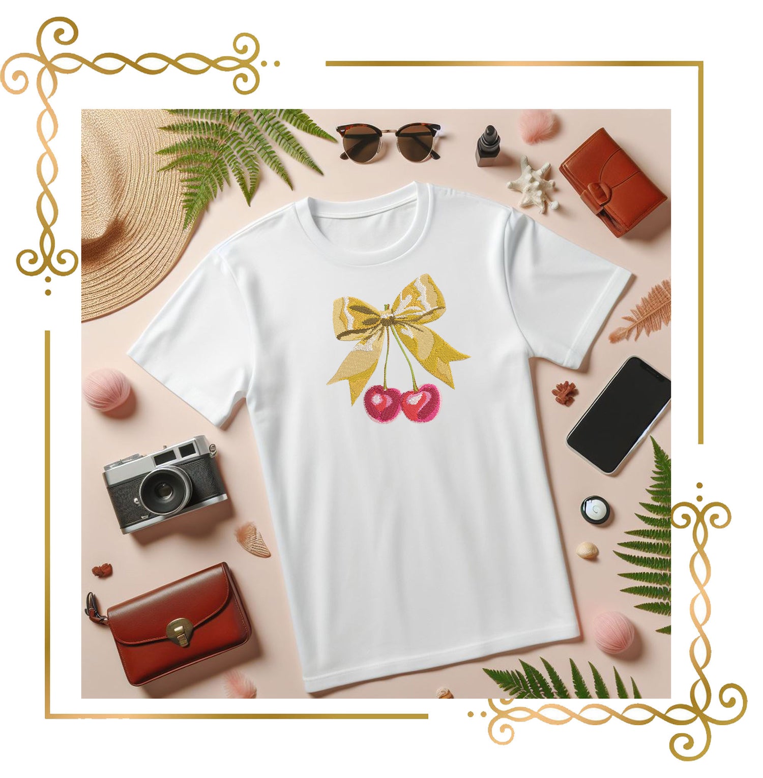 Miscellaneous Charming featuring bow with two glossy cherries 2 Sizes machine embroidery design to the direct download