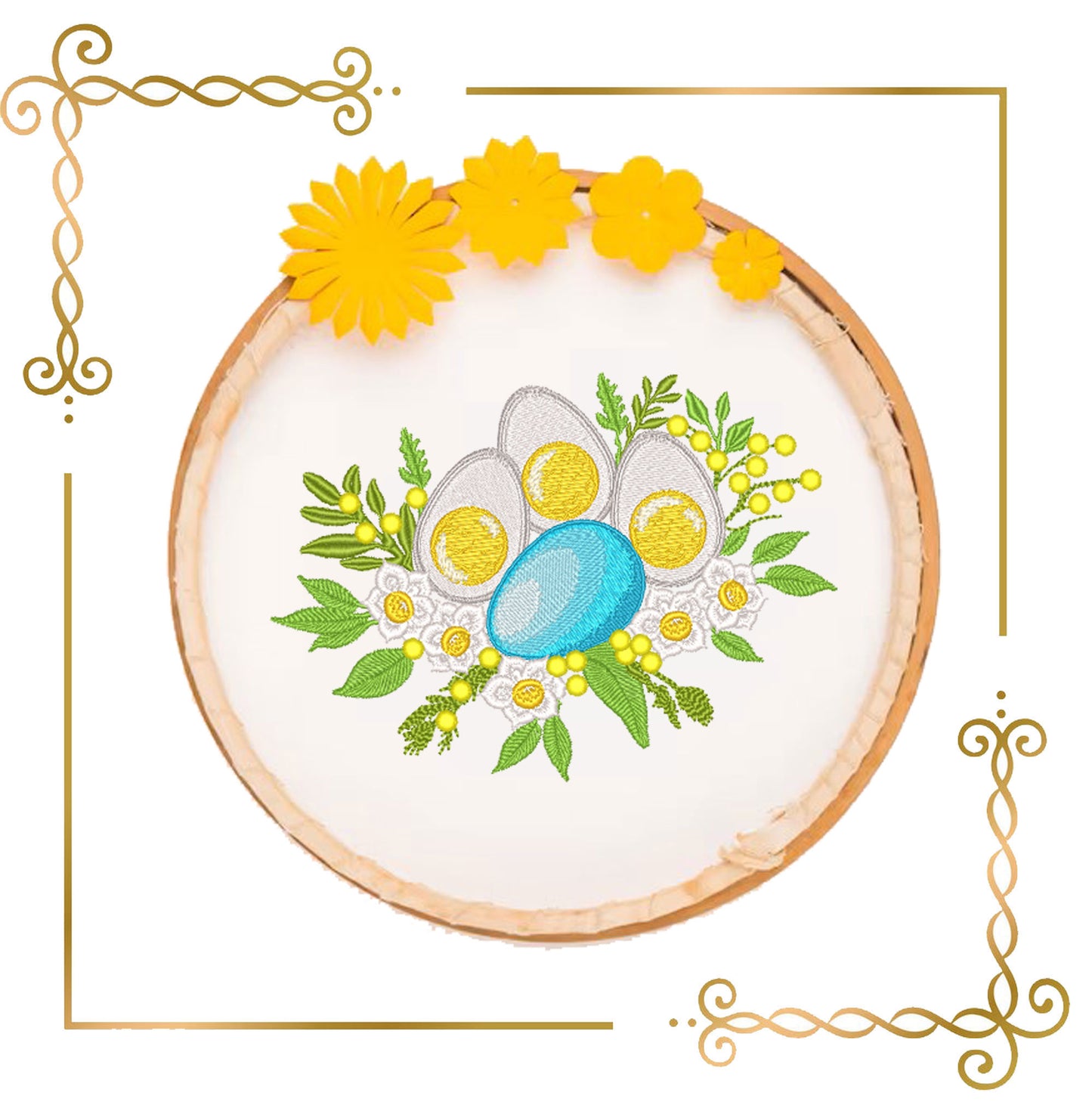Easter Eggs & Spring Blooms daffodils and memosa– Machine Embroidery Design