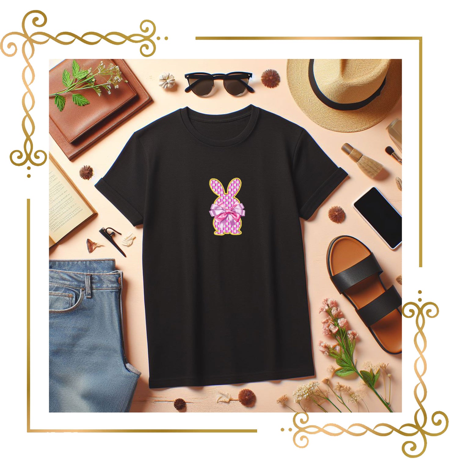 Easter Checkerboard Bunny Appliqué – Elegant Easter Embroidery Design (Bow Not Included)