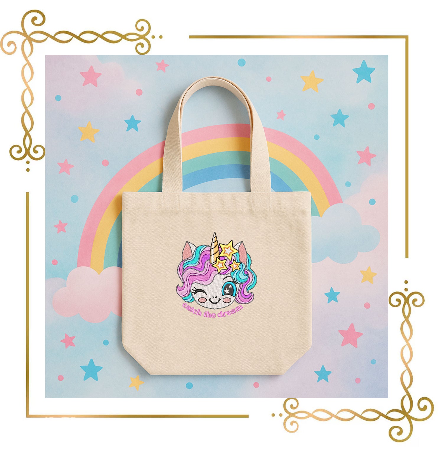 Embroidery Design Unicorn – Catch the Dream Kawaii Face for Machine Embroidery – Cute Pastel Rainbow Digital Download