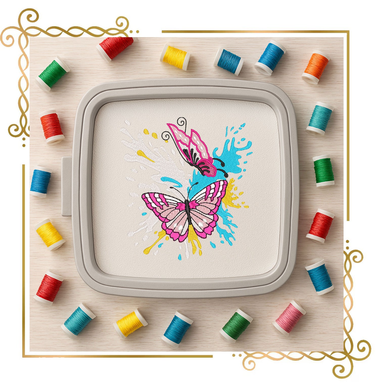 Magnificent Butterflies on Colorful Paint Splashes – Embroidery Design Instant Download