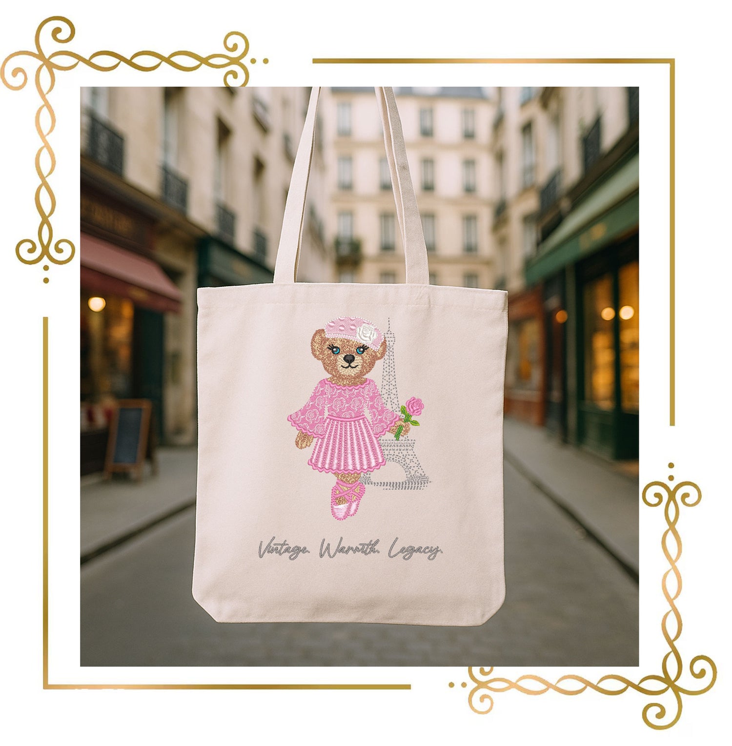 Embroidery Design – Paris Ballerina Bear with Rose | BearKarfiol™ Vintage Teddy | Eiffel Tower Machine Embroidery File