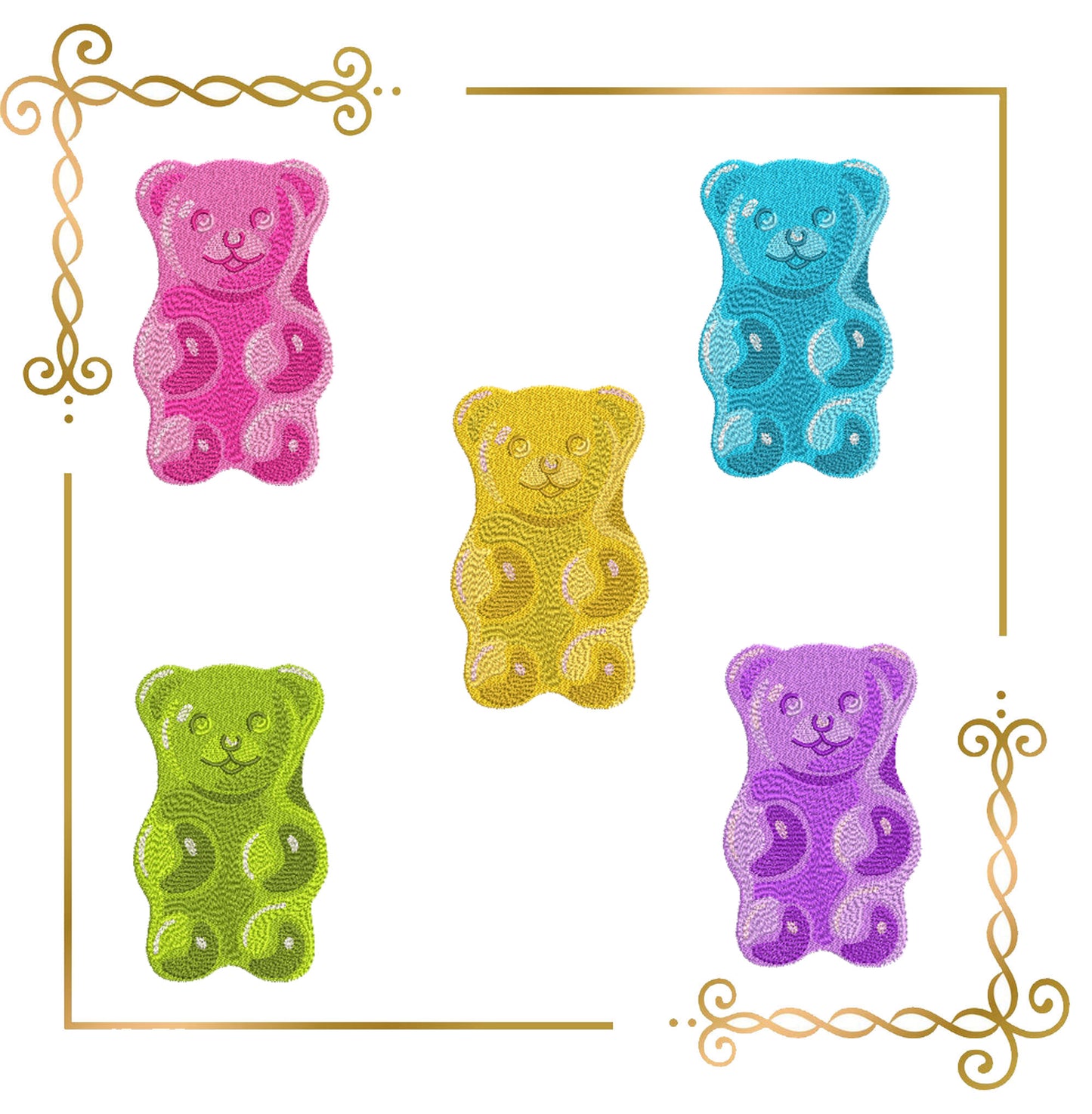 Teddybären, Gummibärchen, Bunte süße Bären aus Gelee-Marmelade, digitales Maschinenstickmuster