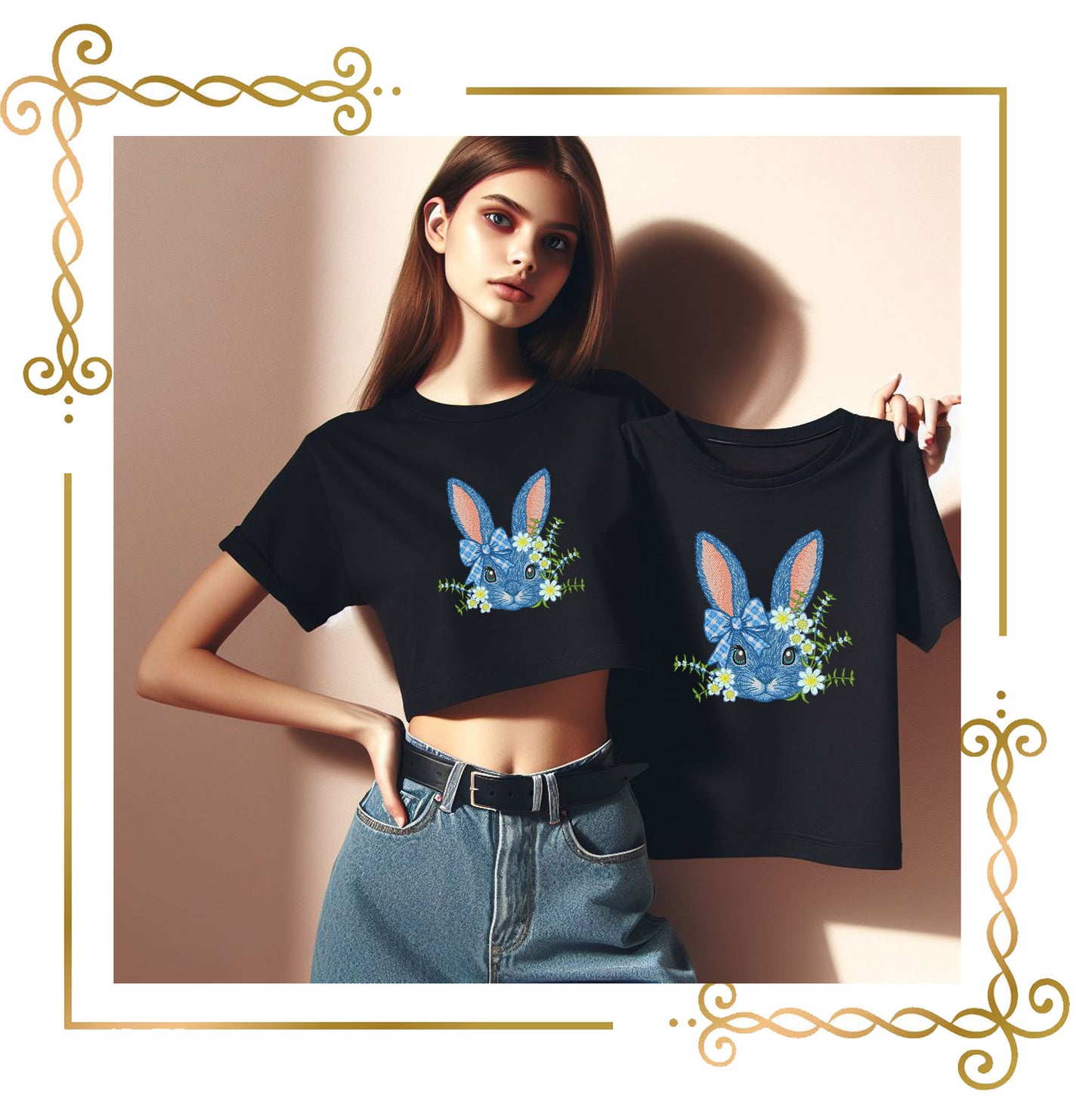 Blue Easter Bunny with Flowers and Bow – Spring Embroidery Design for big Hoops, digital Machine Embroidery designs