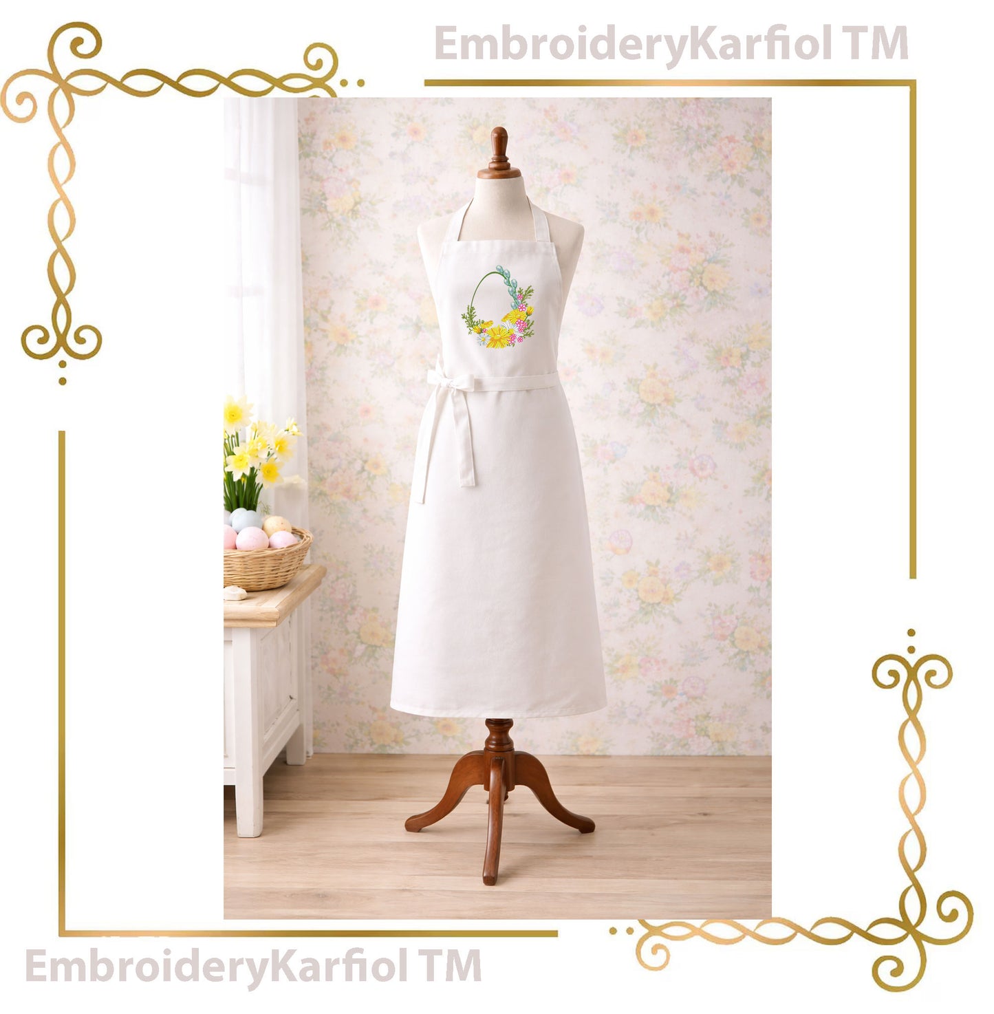 Easter machine embroidery designs: a floral Easter egg wreath with flowers and greenery