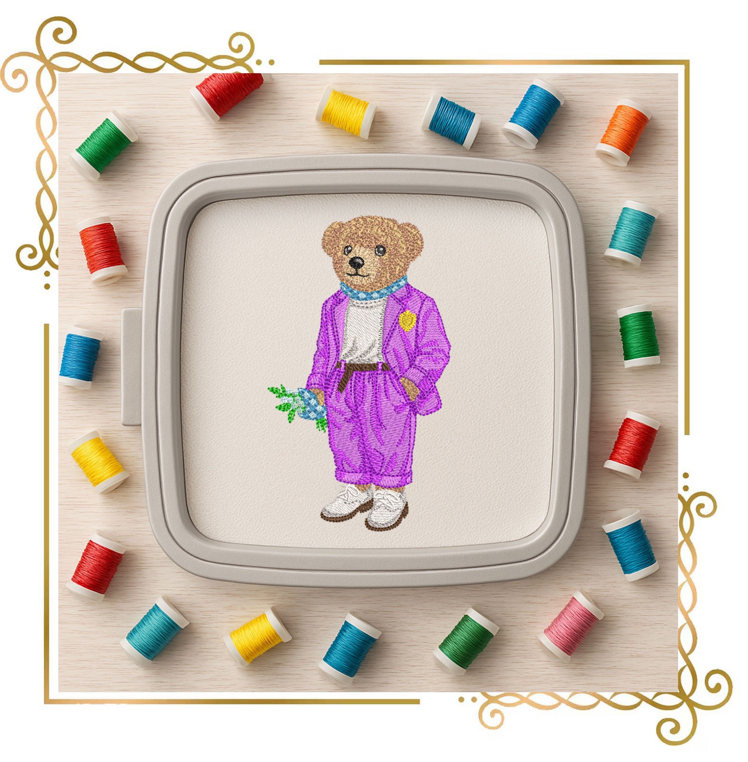 Teddy Bear Charming machine embroidery design in a suit holding a bunch of flowers 3 Sizes