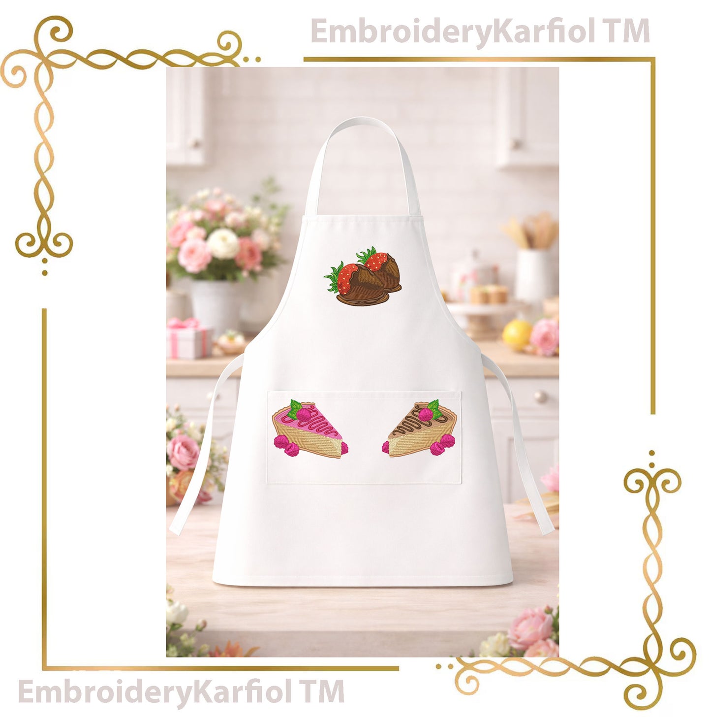 Dessert Embroidery Design Set – Chocolate, Raspberry Cakes, Strawberries (Instant Download)