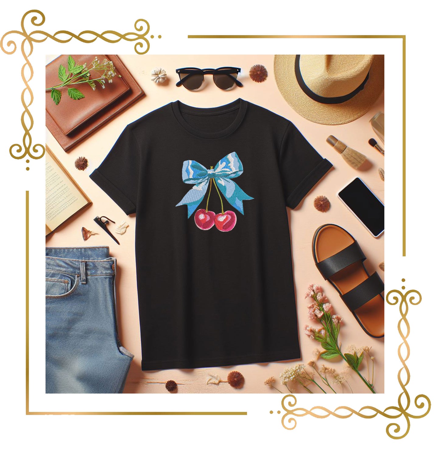 Miscellaneous Charming featuring bow with two glossy cherries 2 Sizes machine embroidery design to the direct download