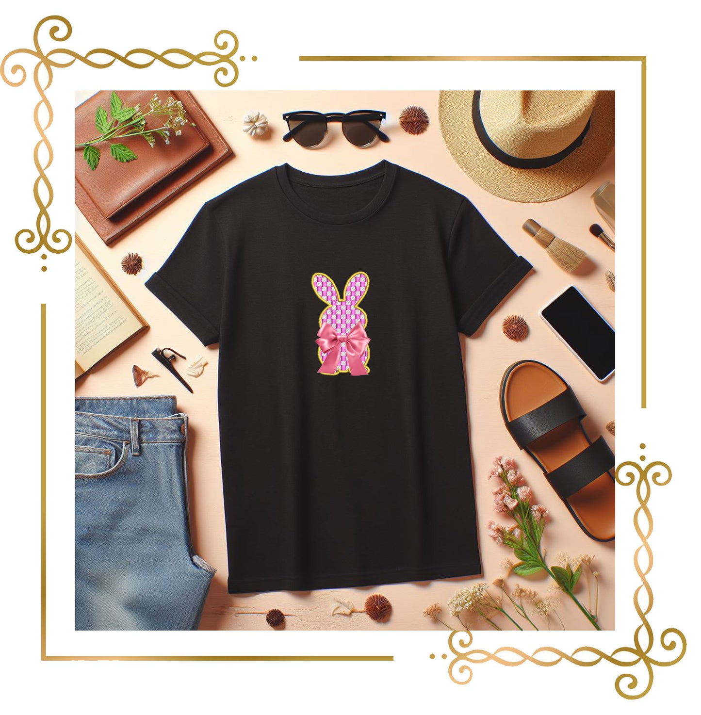 Easter Checkerboard Bunny Appliqué – Elegant Easter Embroidery Design (Bow Not Included)