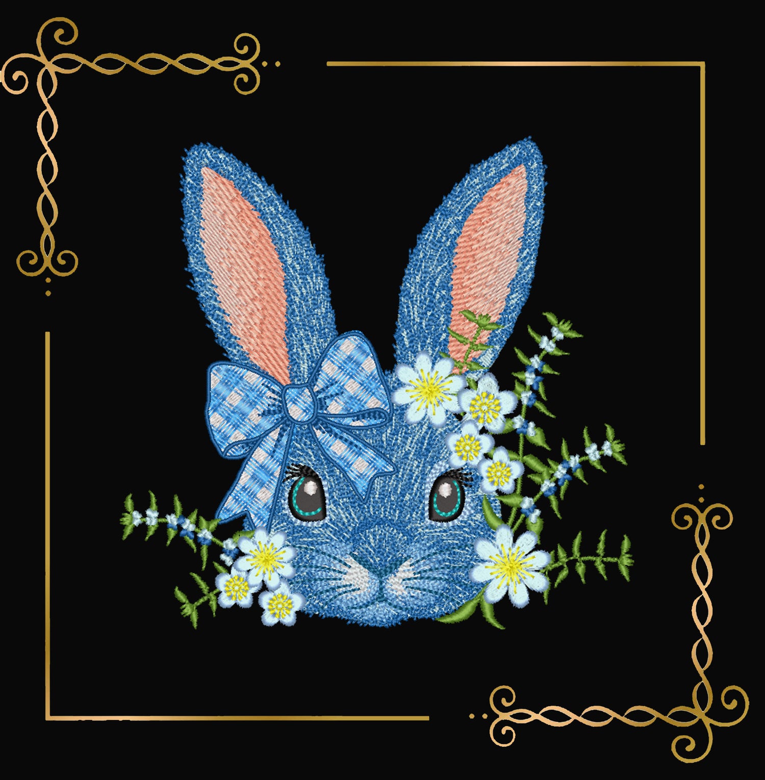 Blue Easter Bunny with Flowers and Bow – Spring Embroidery Design for big Hoops, digital Machine Embroidery designs