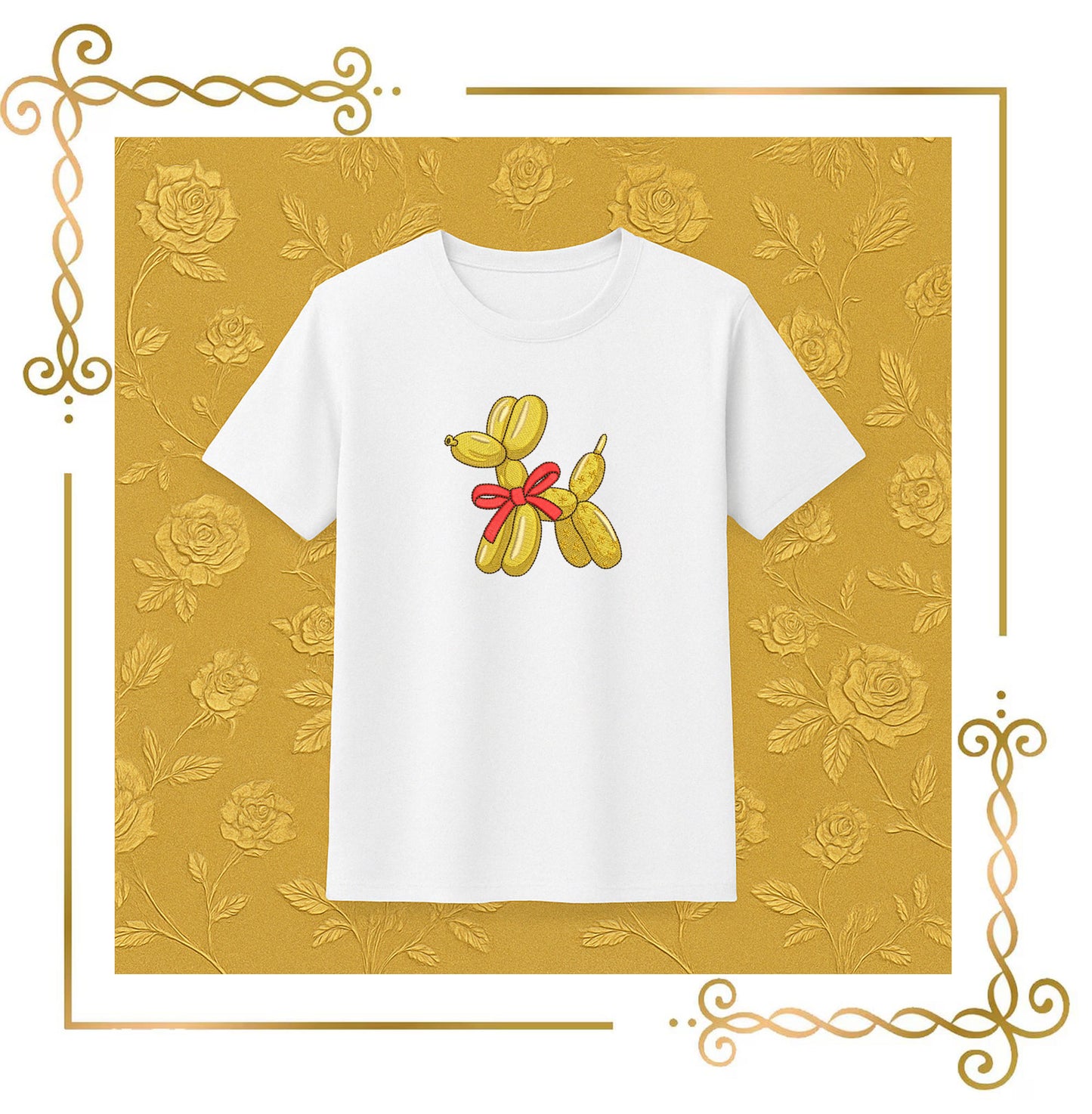 Golden Balloon Dog with Red Bow, Luxe Stitch Art - Embroidery Design