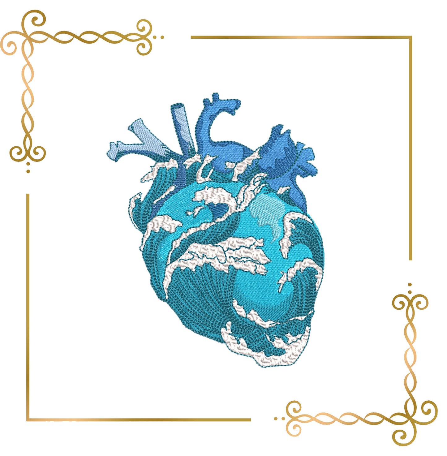 For T-shirt Anatomical heart and ocean waves – Machine Embroidery Design 2 Sizes