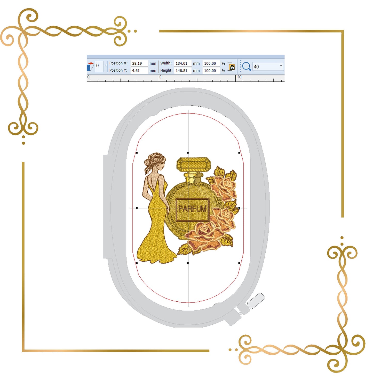 Muttertag, MAMA, Pariser Parfümflasche mit Rosen – Golden Elegance Parfüm – Stickmuster