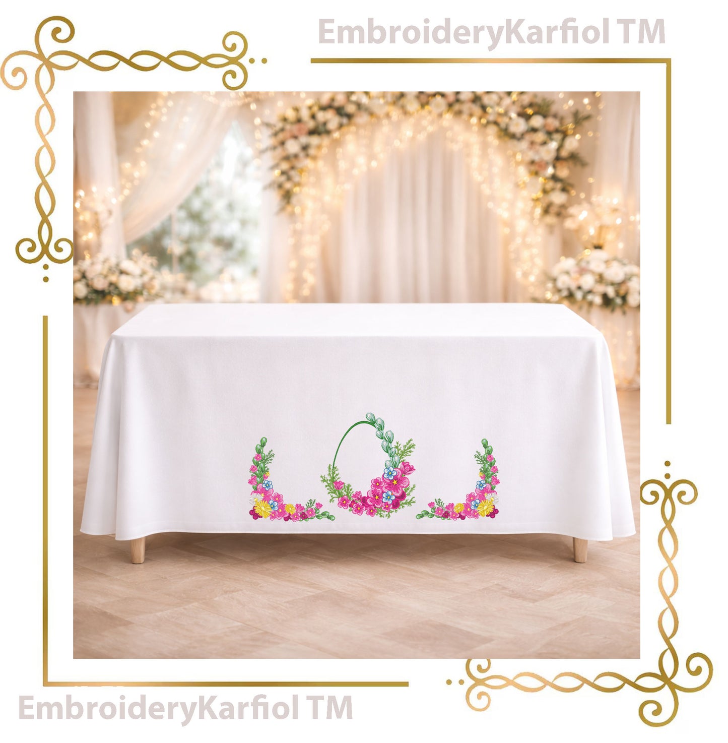 Easter Two matching machine embroidery designs: a floral Easter egg wreath with blue flowers and greenery, plus a coordinating floral corner