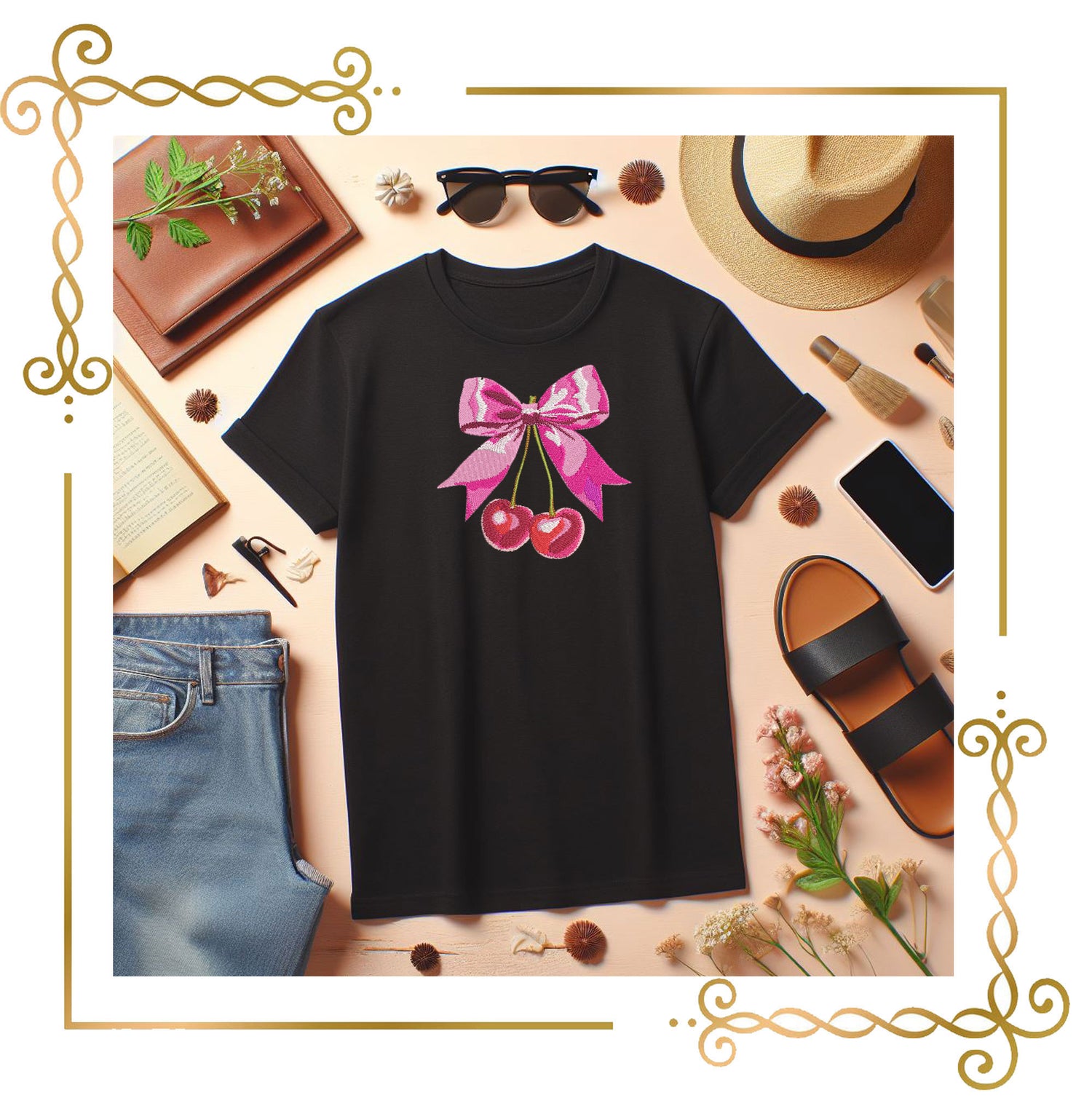 Miscellaneous Charming featuring bow with two glossy cherries 2 Sizes machine embroidery design to the direct download
