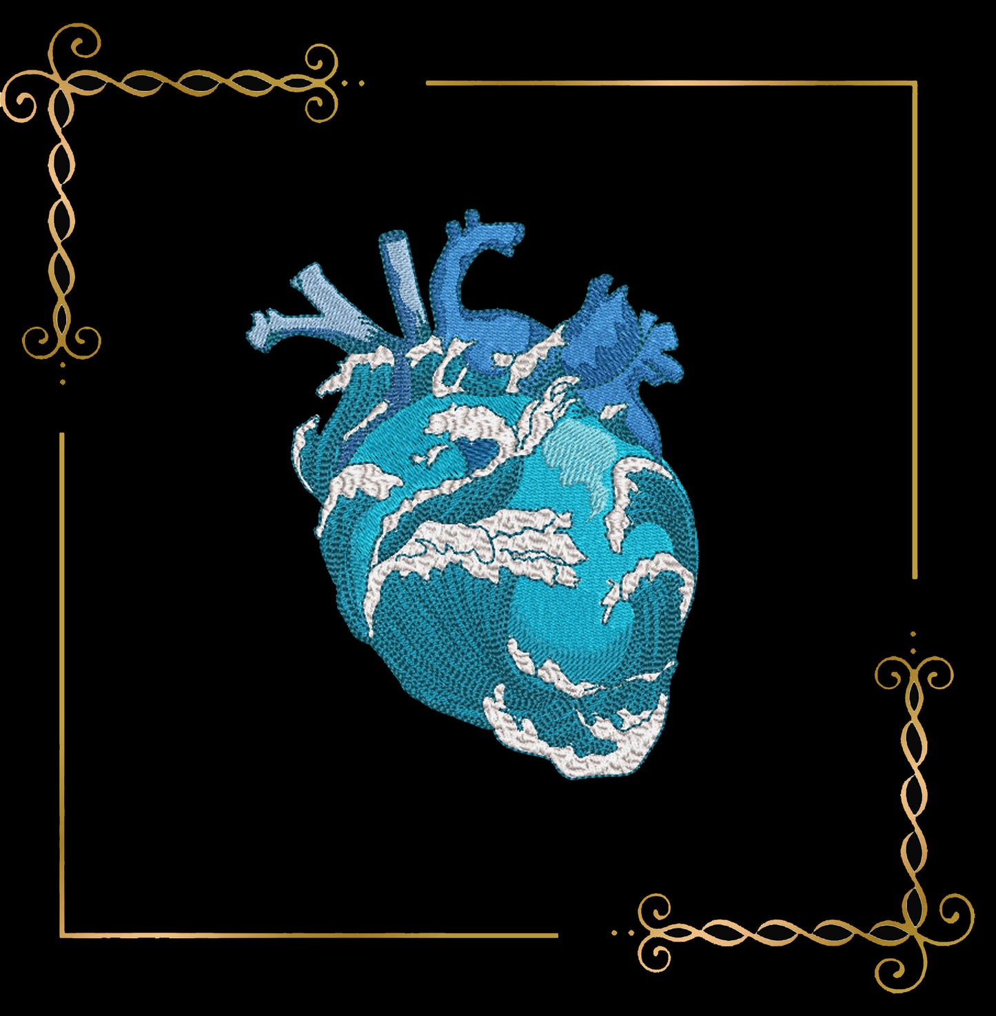 For T-shirt Anatomical heart and ocean waves – Machine Embroidery Design 2 Sizes