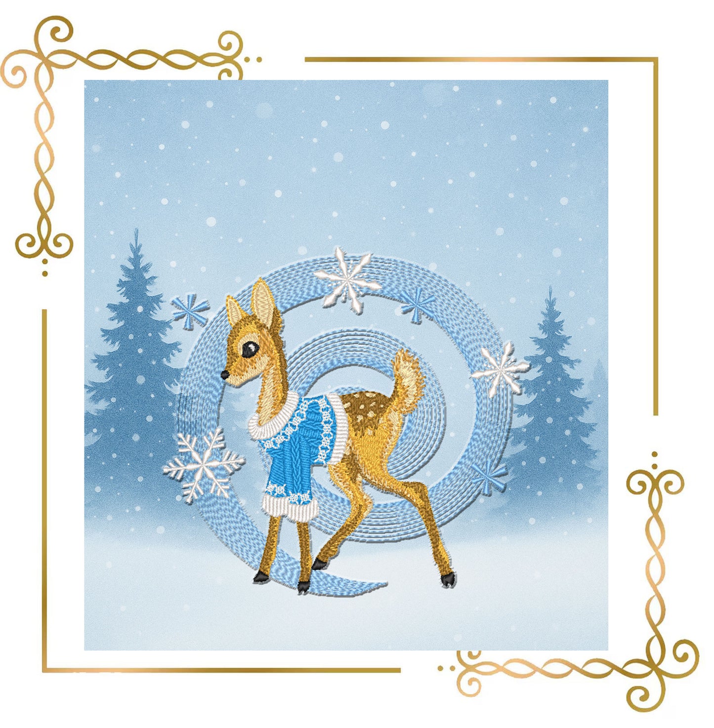 Winter Fawn Embroidery Design – Realistic Knit Texture Deer in Blue Sweater, Christmas Machine Embroidery Pattern (Digital Download)