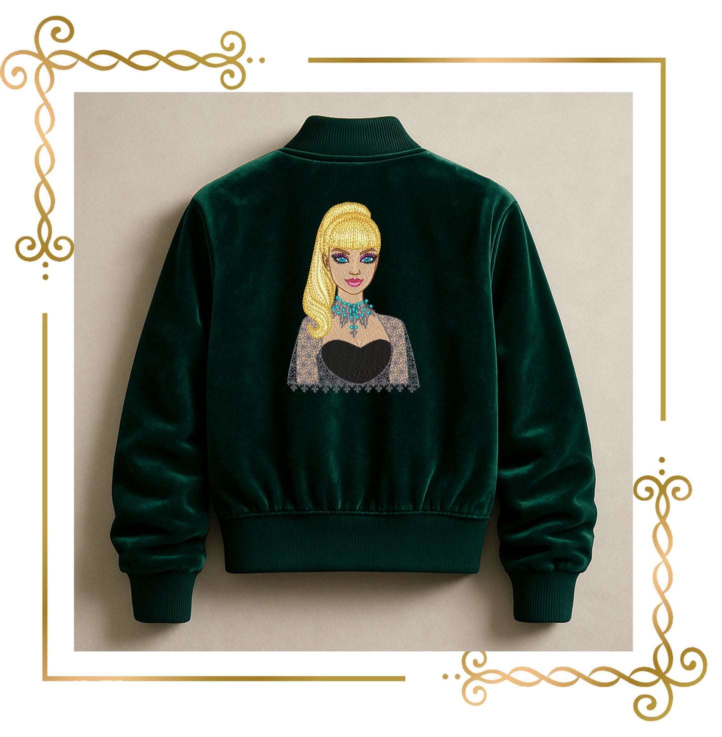 Princess, Barbie Embroidery Design – Glamorous collectible Blonde Doll in Black Lace Dress with Turquoise Necklace – Digital Download