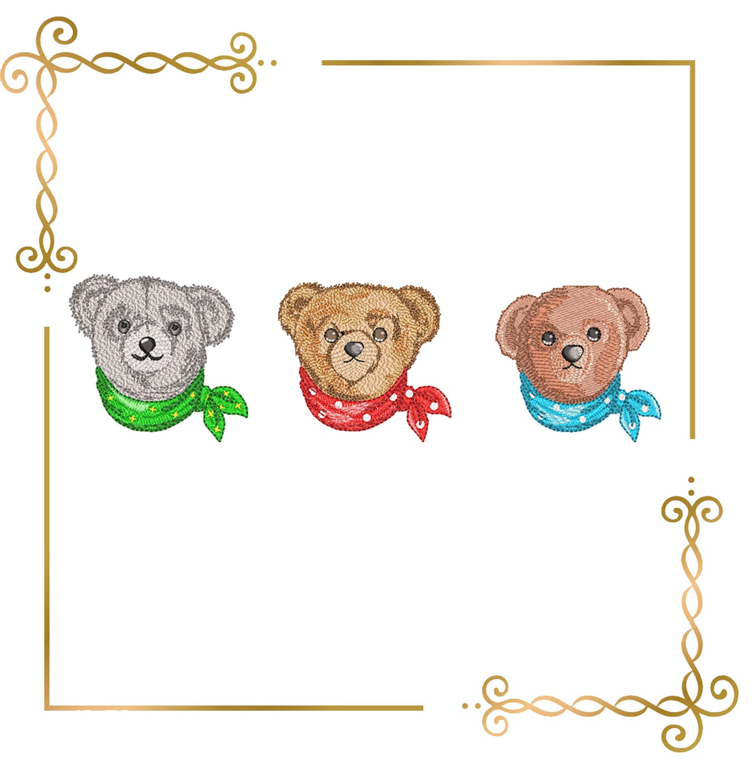Teddy Bear Classic Style luxury heritage style 3 Elegant Embroidery Designs with Bandanas Vintage to Modern Evolution 3 Bears 2 Sizes