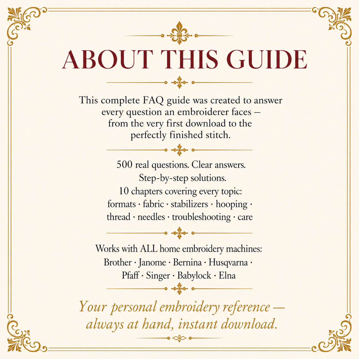 Machine Embroidery FAQ Guide - 500 Questions Answers & Solutions | Beginner to Advanced | Instant Download and Interactive FlippingBook