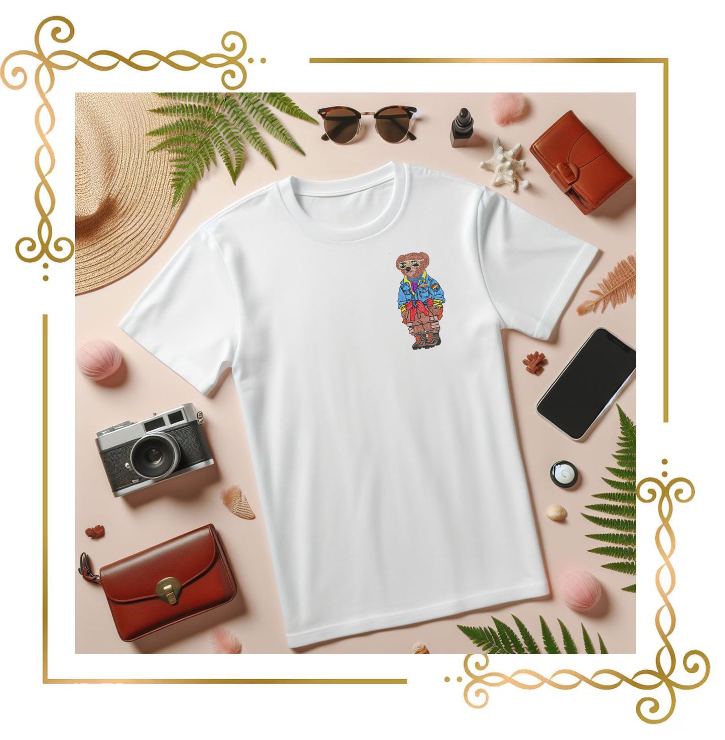 Super Fashion Teddy Bear in a in a fashionable denim shirt - cargo pants and glasses embroidery design digital