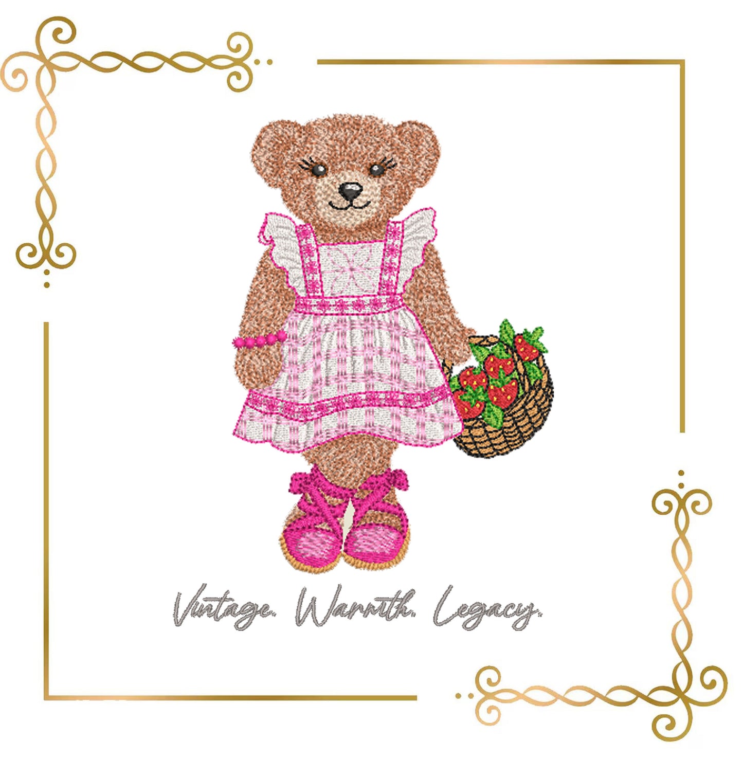 Teddy-Bear – in a fancy dress with Strawberry Basket –style-Fashion-Ralph-Lauren - Digital File for Machine Embroidery