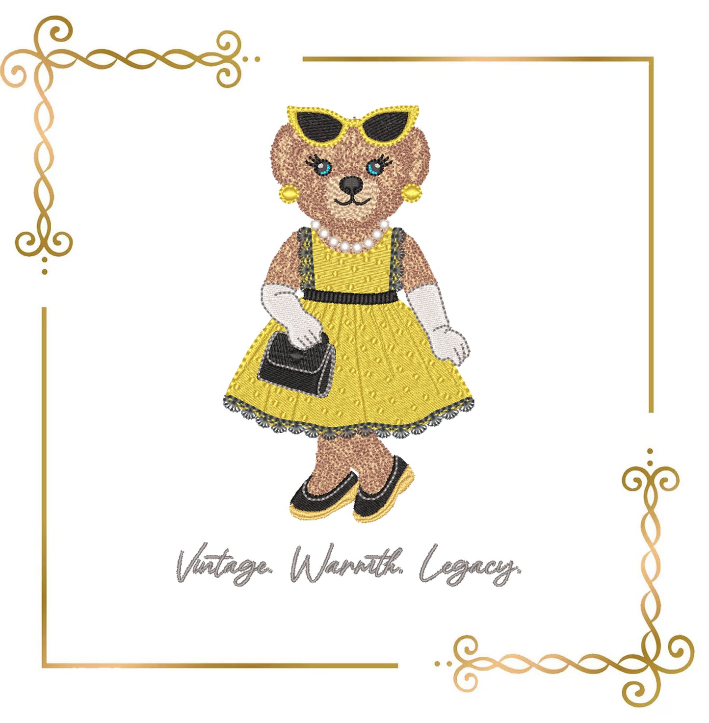Teddy Bear - Embroidery Design – Girl in Gold Dress with Pearls – Vintage Elegant Machine – Cute Retro Bear Pattern style of Ralph Lauren