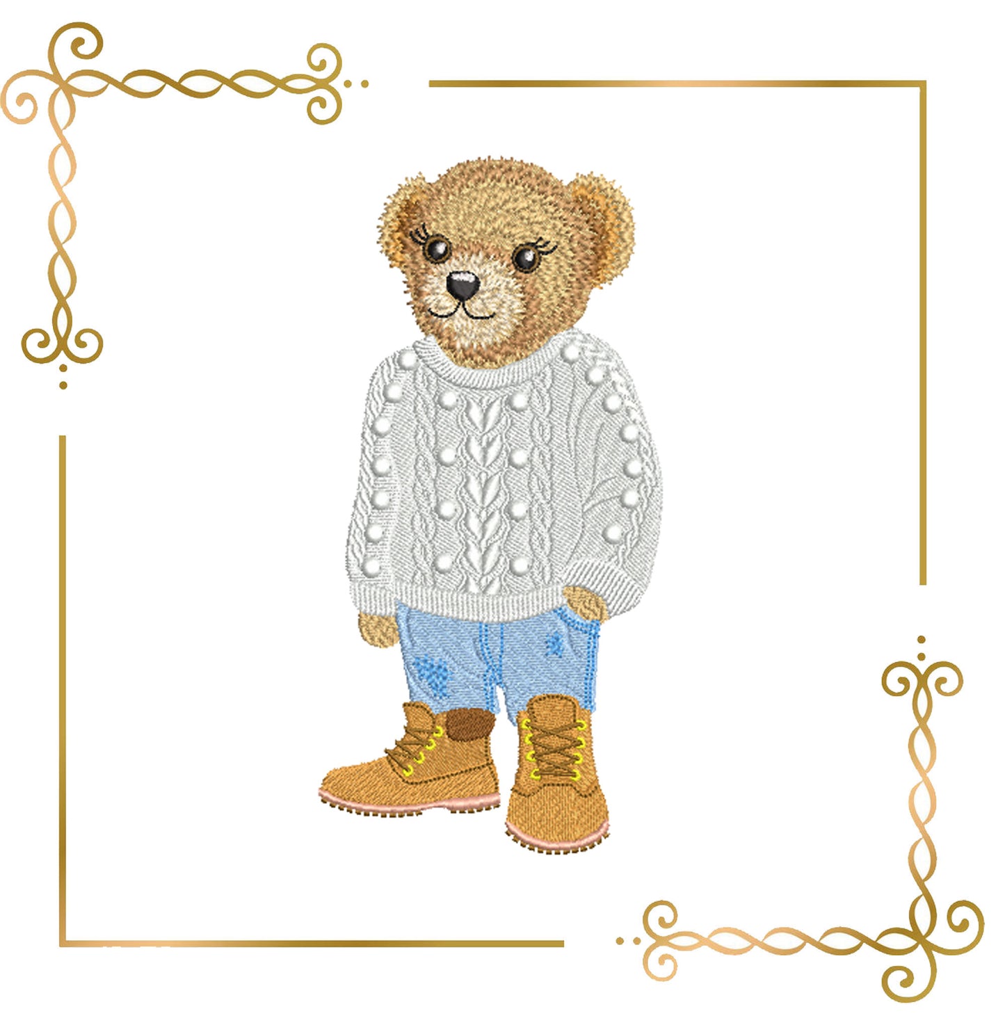 Teddy Bear Super in the style of Fashion Ralph Lauren in a knitted sweater and sneakers embroidery design digital