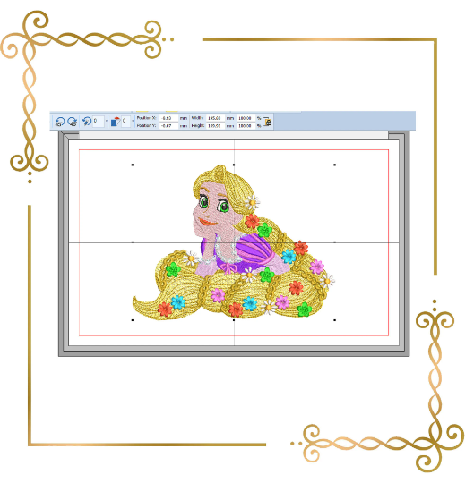Princess Rapunzel Disney carton character  pretty dress with the braid and the flowers machine  embroidery design