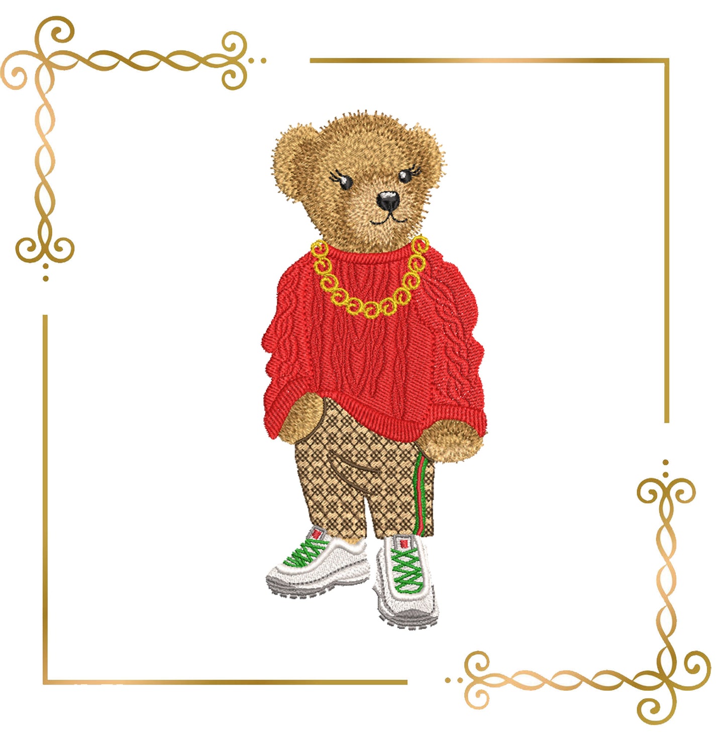 Teddy Bear - Ralph- Lauren- sweater sneakers - cartoon character - digital embroidery design