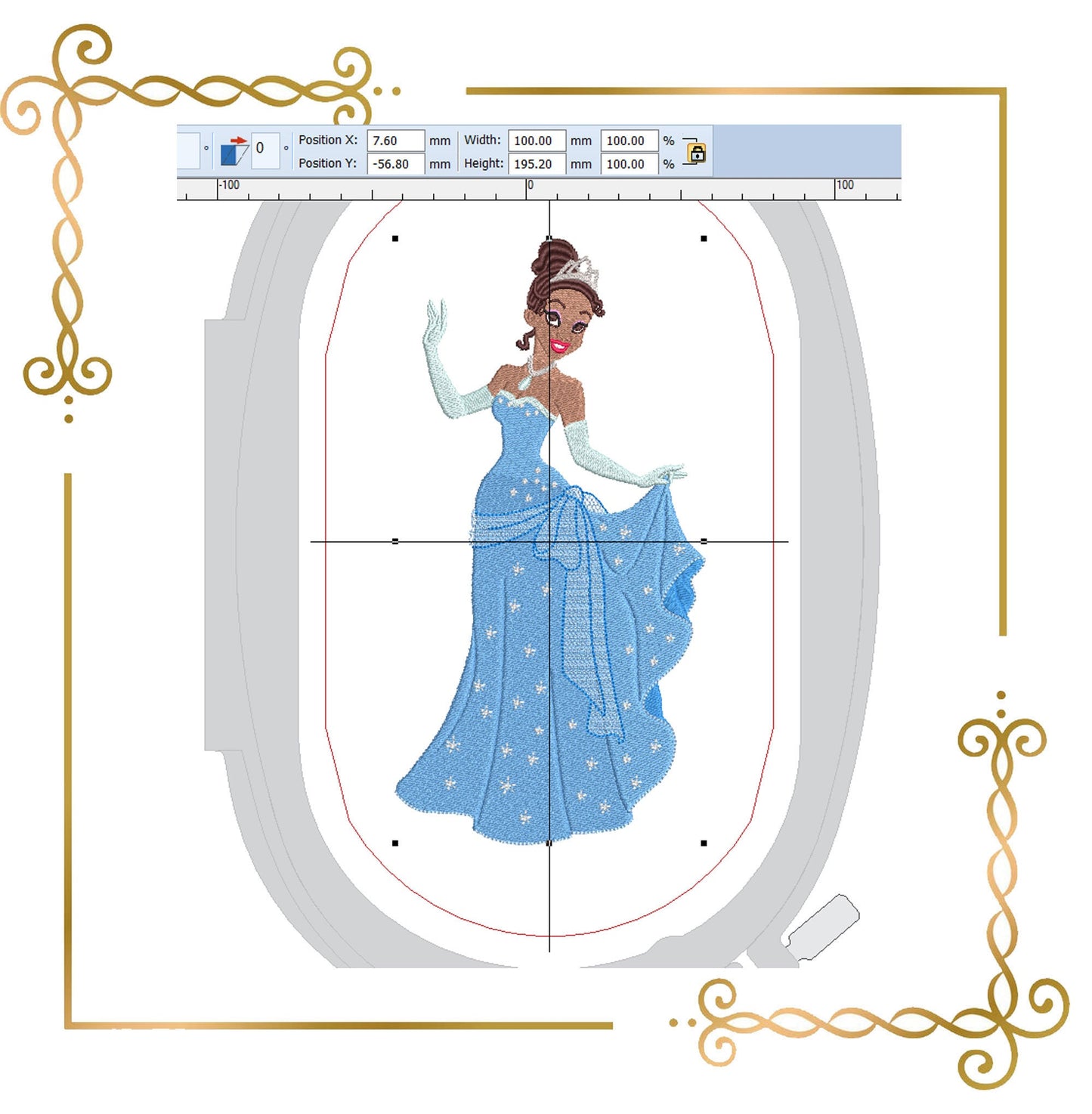 Princess Tiana Disney character Embroidery machine design to the direct download