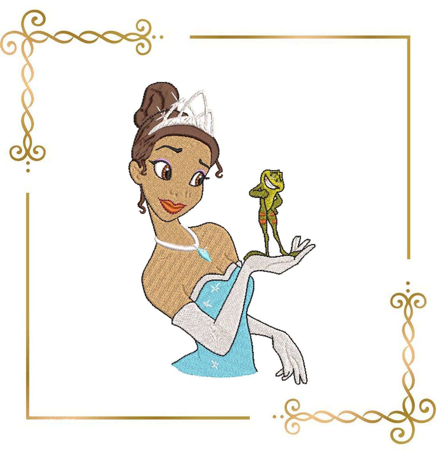 Princess Tiana Disney in a blue dress holding a frog, digital design for embroidery