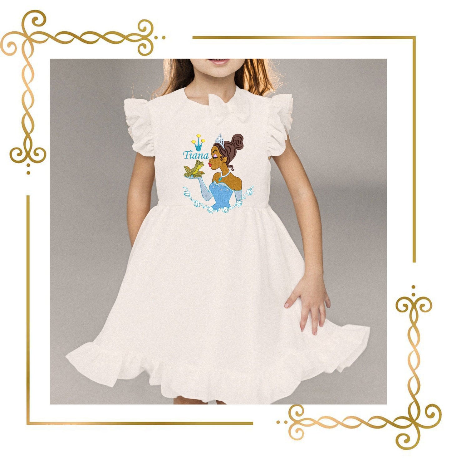 Princess Tiana with a crown and a frog - Disney character design for embroidery - inscription Tiana