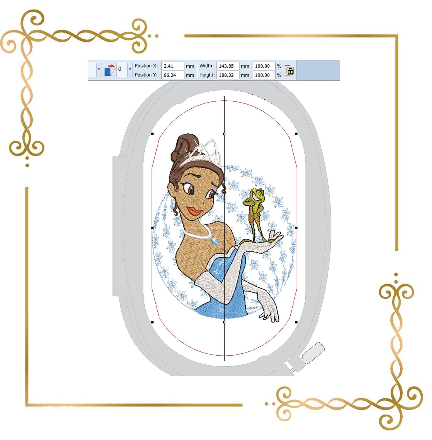 Princess Tiana Disney in a blue dress holding a frog, digital design for embroidery