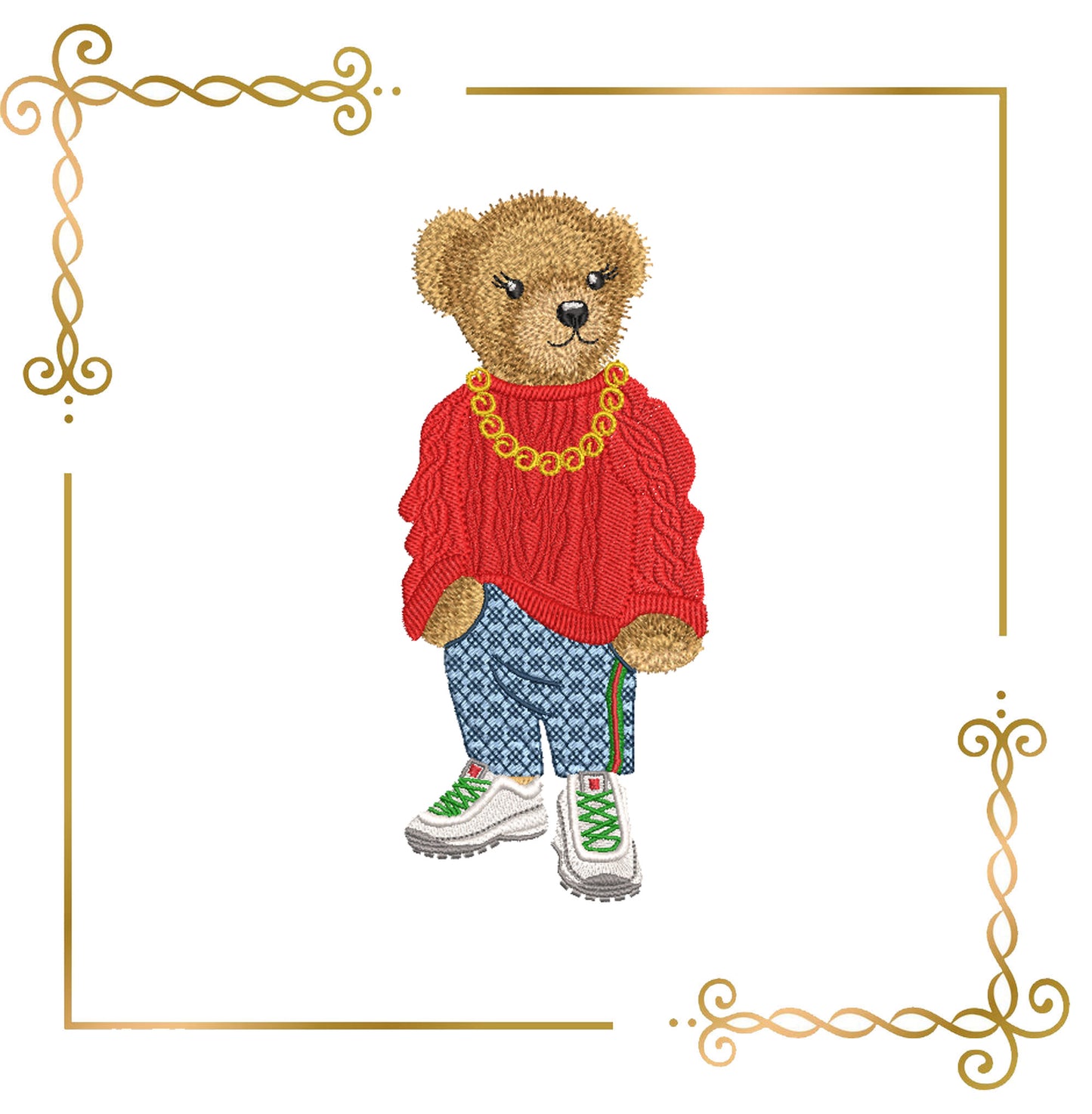 Teddy Bear - Ralph- Lauren- sweater sneakers - cartoon character - digital embroidery design