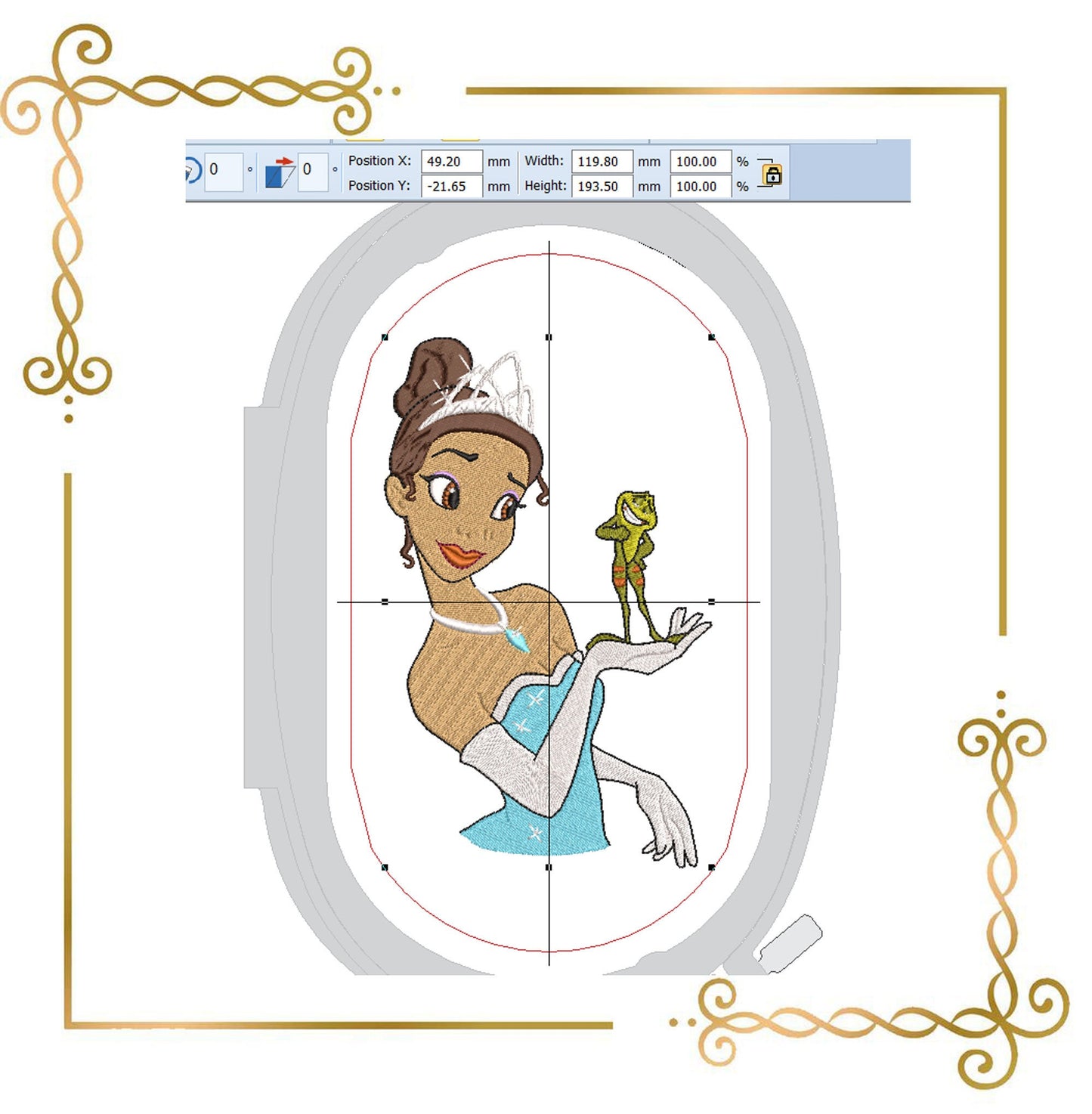 Princess Tiana Disney in a blue dress holding a frog, digital design for embroidery