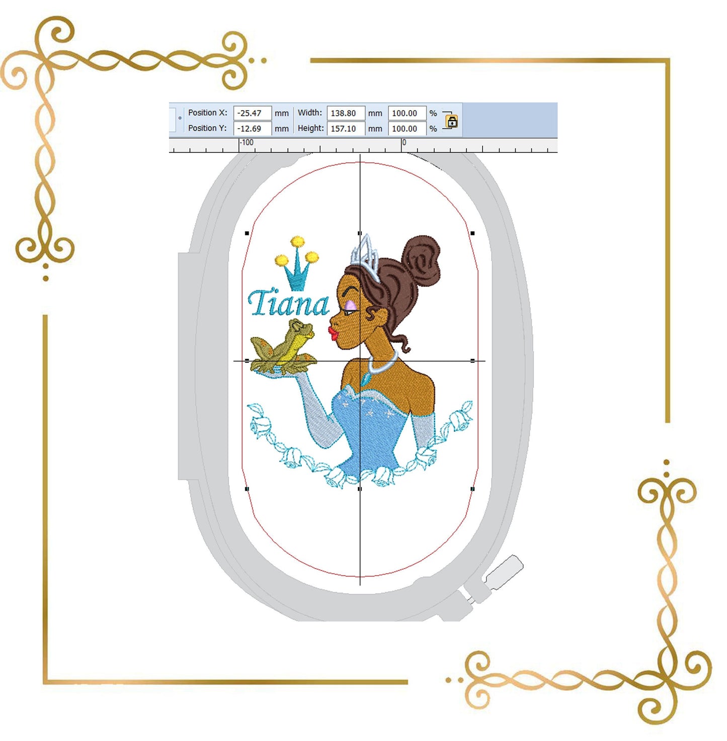 Princess Tiana with a crown and a frog - Disney character design for embroidery - inscription Tiana