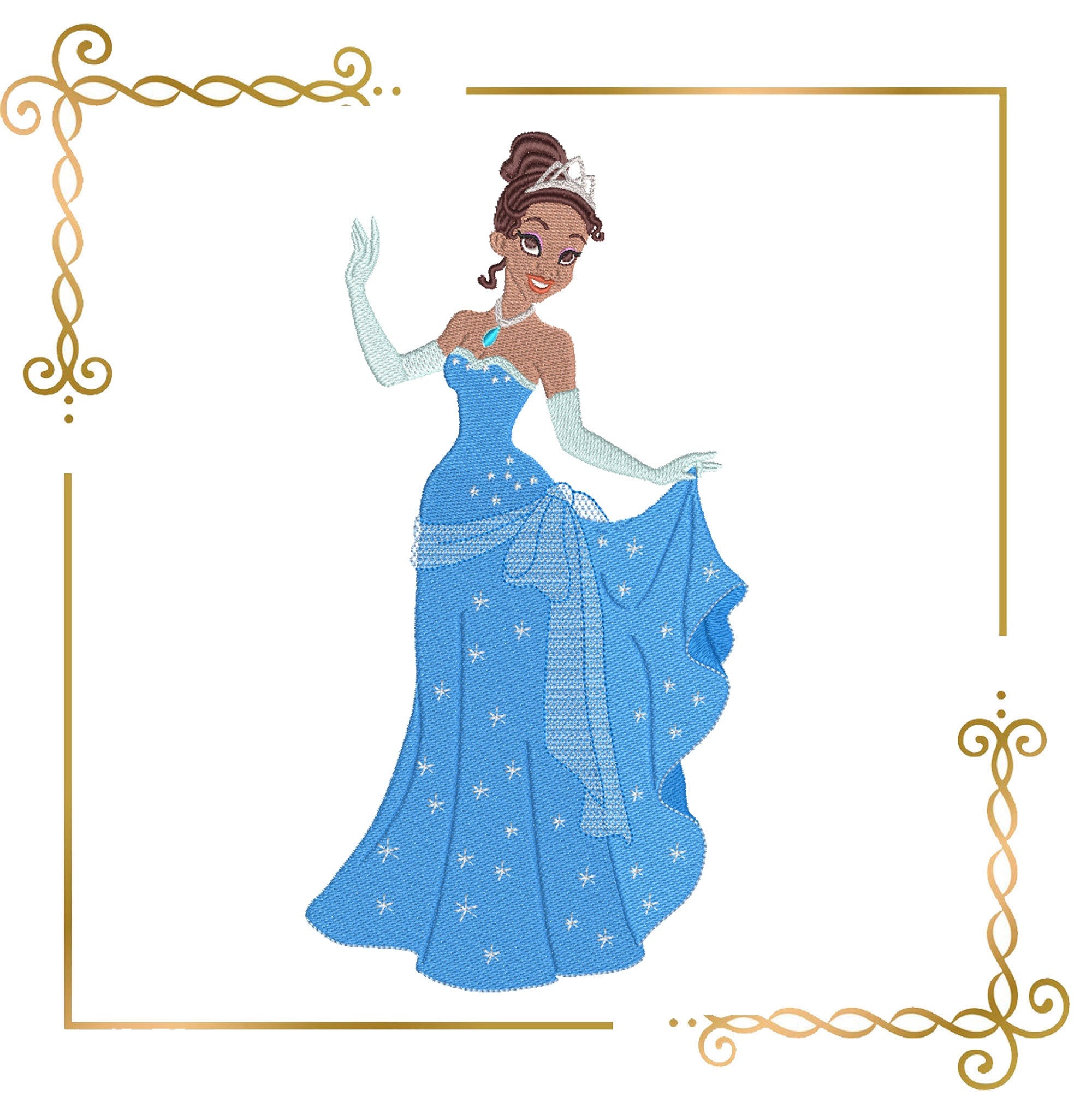 blue dress for baby girl Princess Tiana Disney character dancing in a blue dress embroidery des –  digitizingembroidery.shop