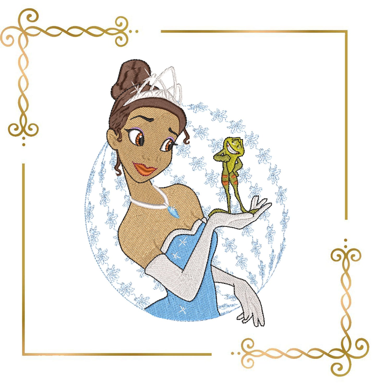 Princess Tiana Disney in a blue dress holding a frog, digital design for embroidery